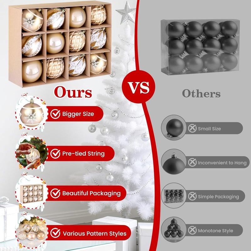 EverMerry EveryMerry 24-Pack 3.1 Inch Christmas Ornaments Set - Champagne White Ornament Balls with 5 Various Designs with Strings, Sturdy, Kraft Box with Lid for Xmas Tree, Holiday Party & Home Decor - Image 5